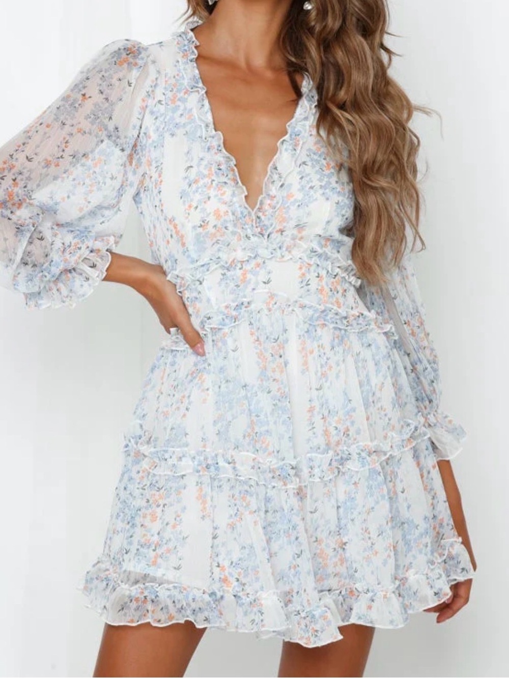 Floral Ruffle V-Neck Mini Dress in Light Blue